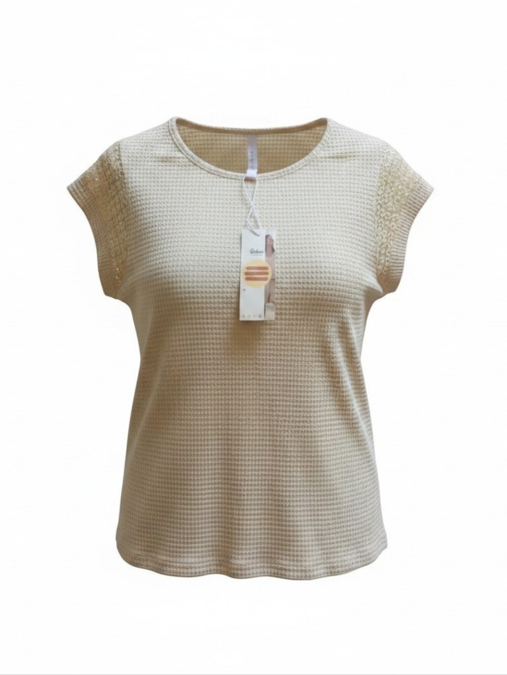 DONODONO Beige Woven Cotton Eyelet Accent Short Sleeve Blouse Size S
